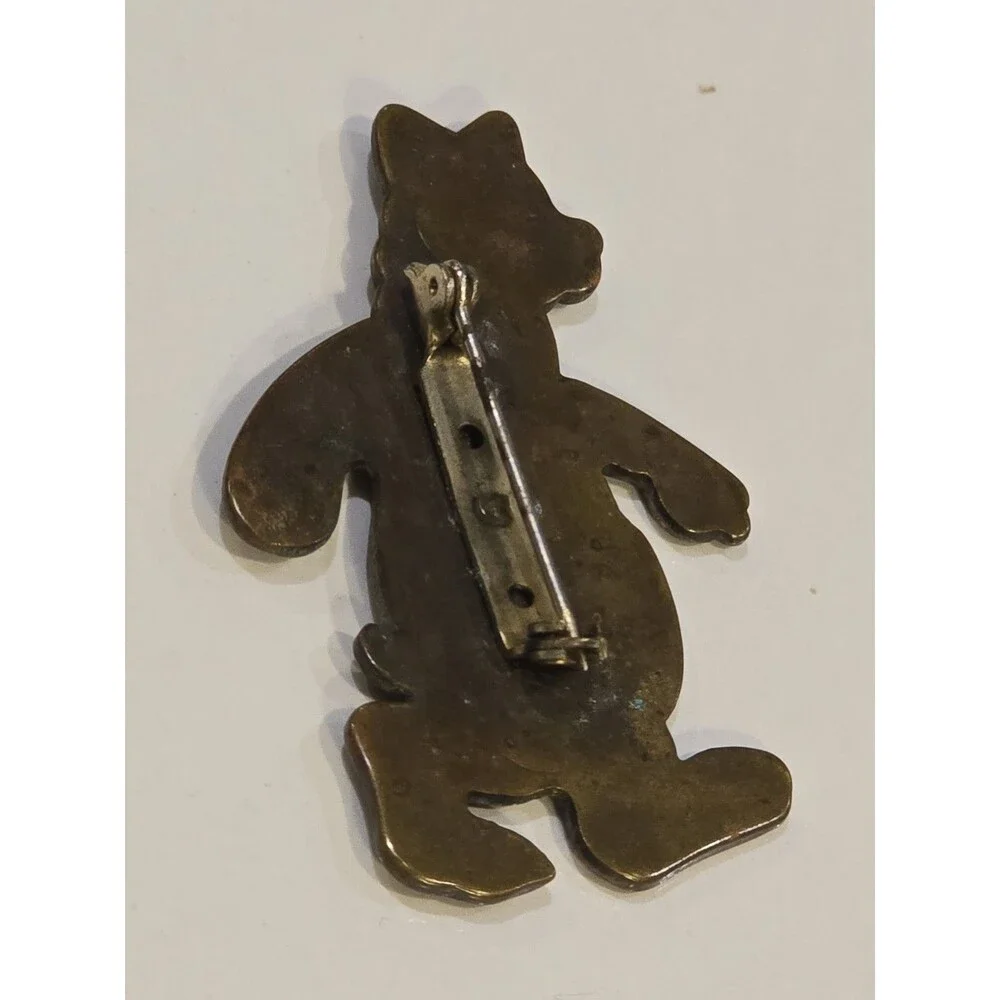 Vintage Teddy Bear Brooch Brass Tone Smiling Bear Animal Pin #1365